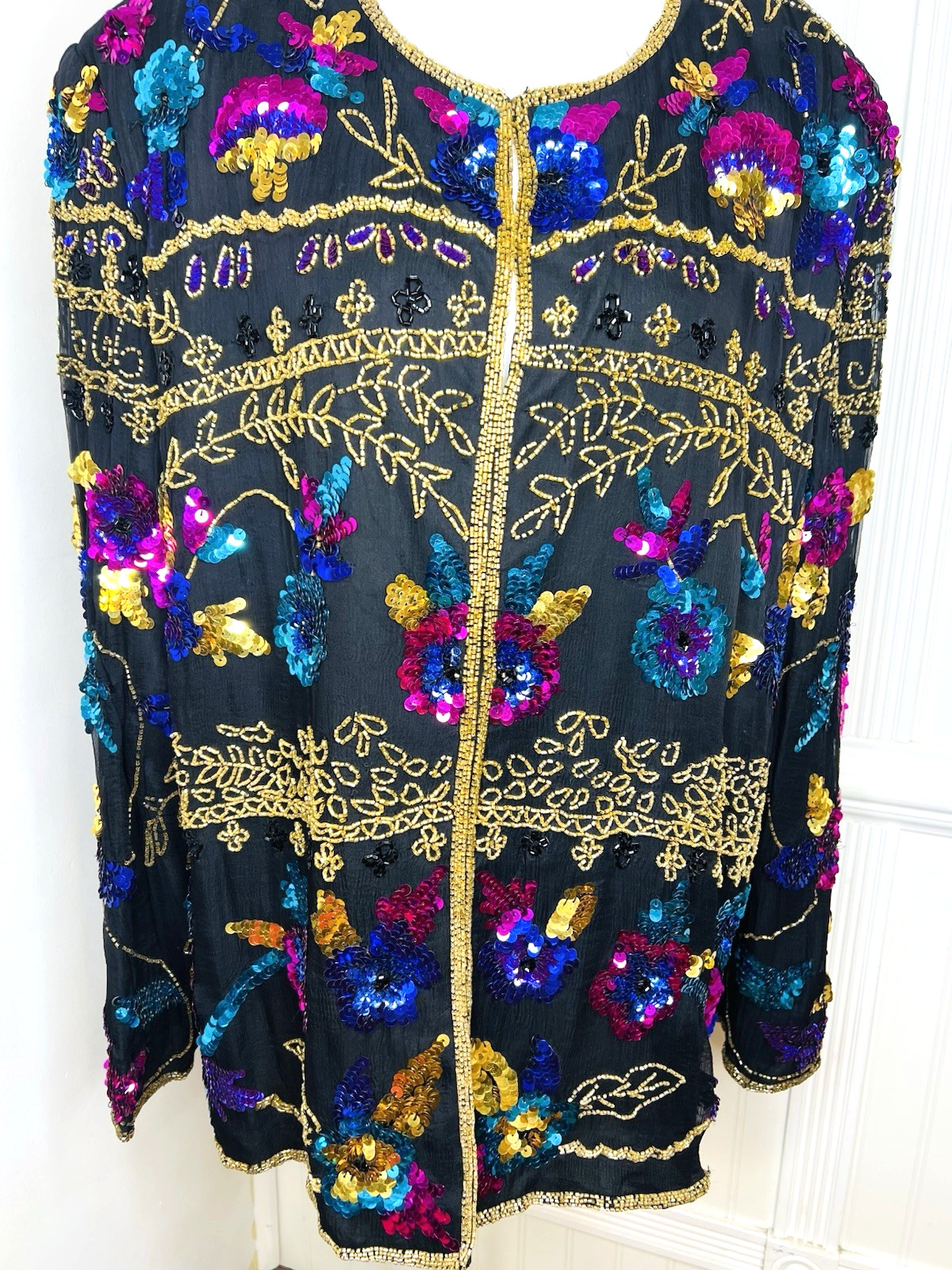 Vtg Drapers & Damons 1X Silk Colorful Sequins Beads Jacket Cardigan Plus Formal