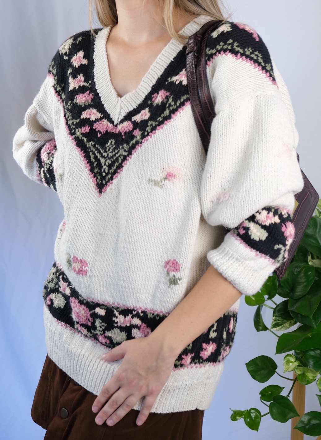 Rosanna Knitted by Hand Floral Sweater 3X Ivory Black Pink Green Ramie Cotton