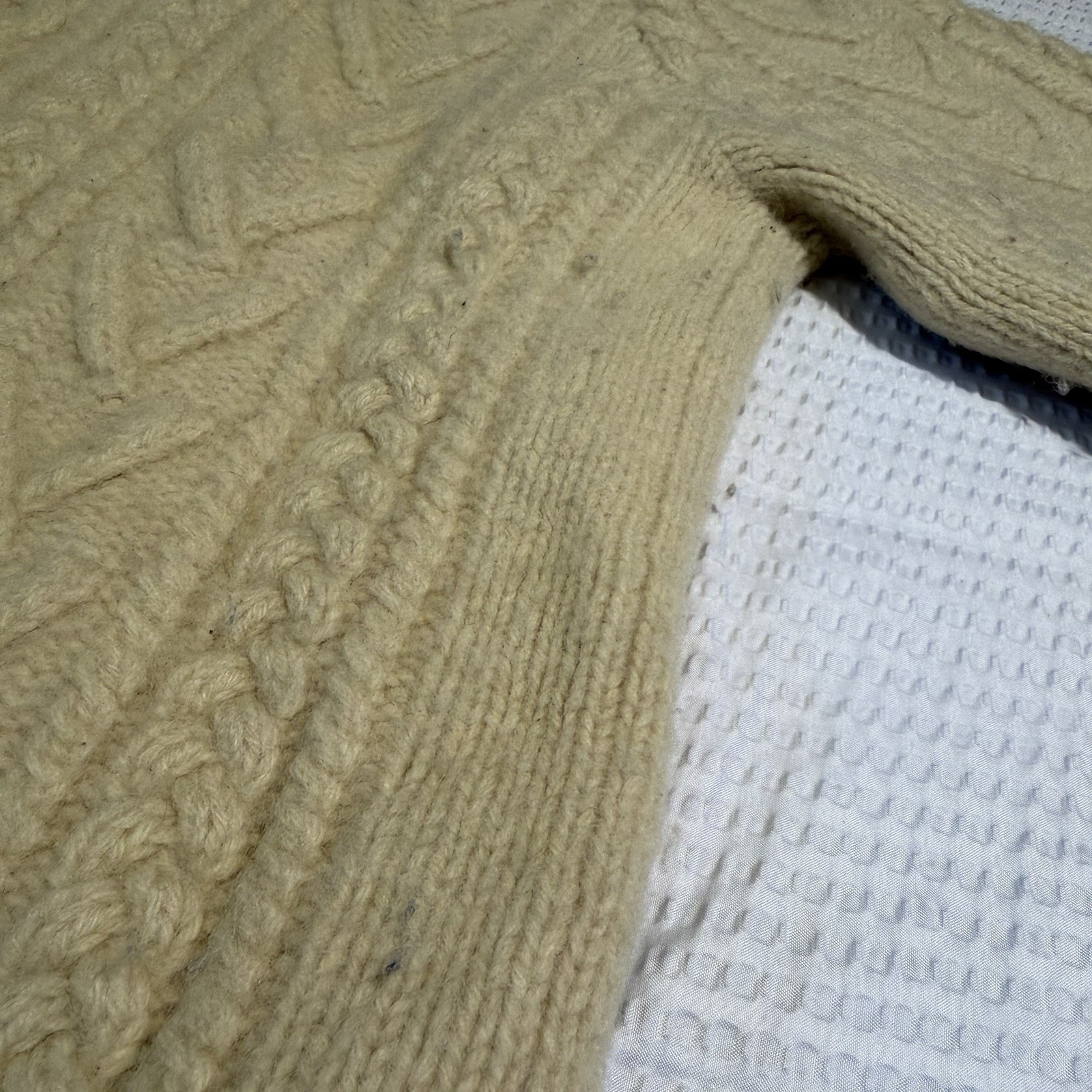 VTG American Eagle Beige 100% Wool Cable Knit Fisherman Sweater Handknit Size M