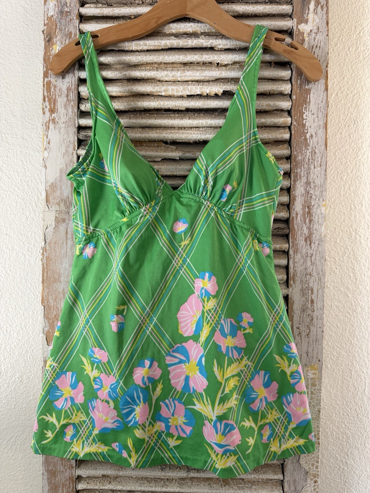 B5 Vintage Sears Swim Suit Green Floral Strips Vintage Size 14- See Description