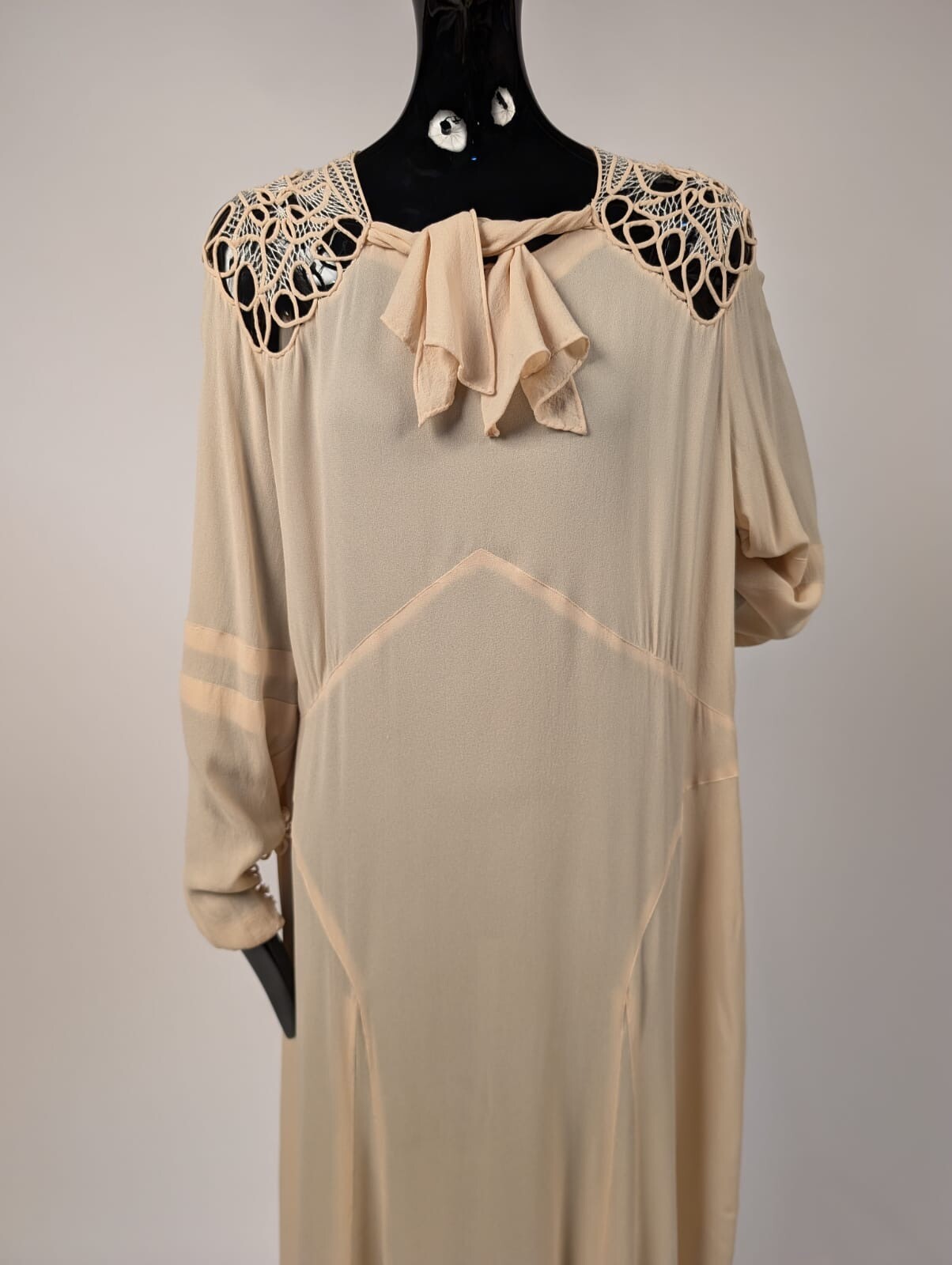 PEGGY DARE – PARAMOUNT DRESS CO LATE 1920’S CHIFFON DRESS W HAND MADE LACE TOP