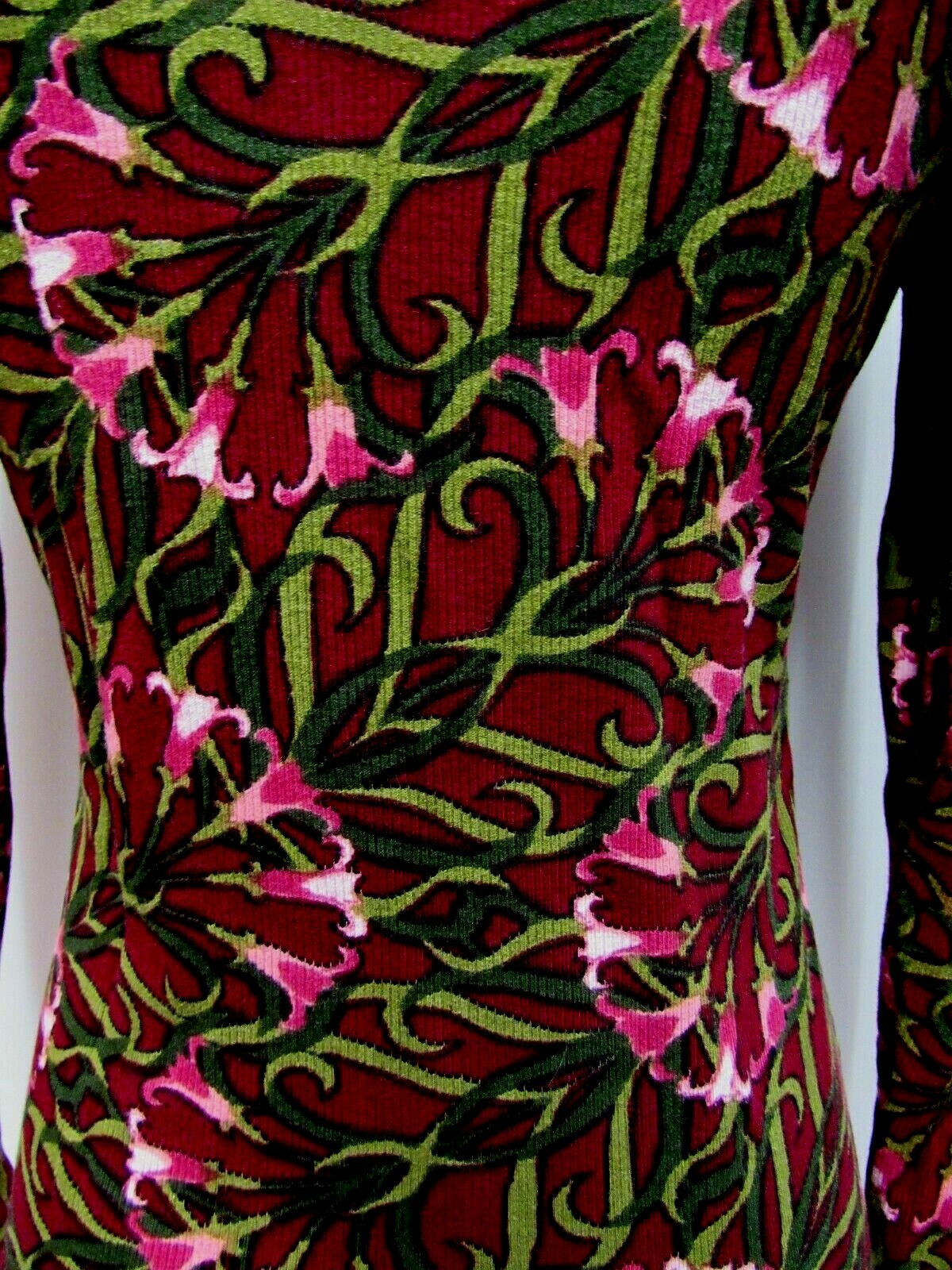 VTG ST JOHNS BAY Stretch Cotton Knit Top Lily Floral Red Wine Burgundy Pink M EU