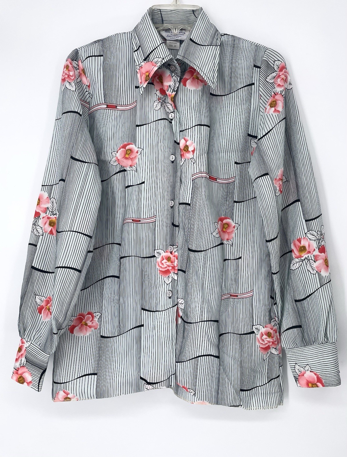 VTG 1970s Floral Psychedelic Retro Disco Hippie Button Up Dagger Collar Top med