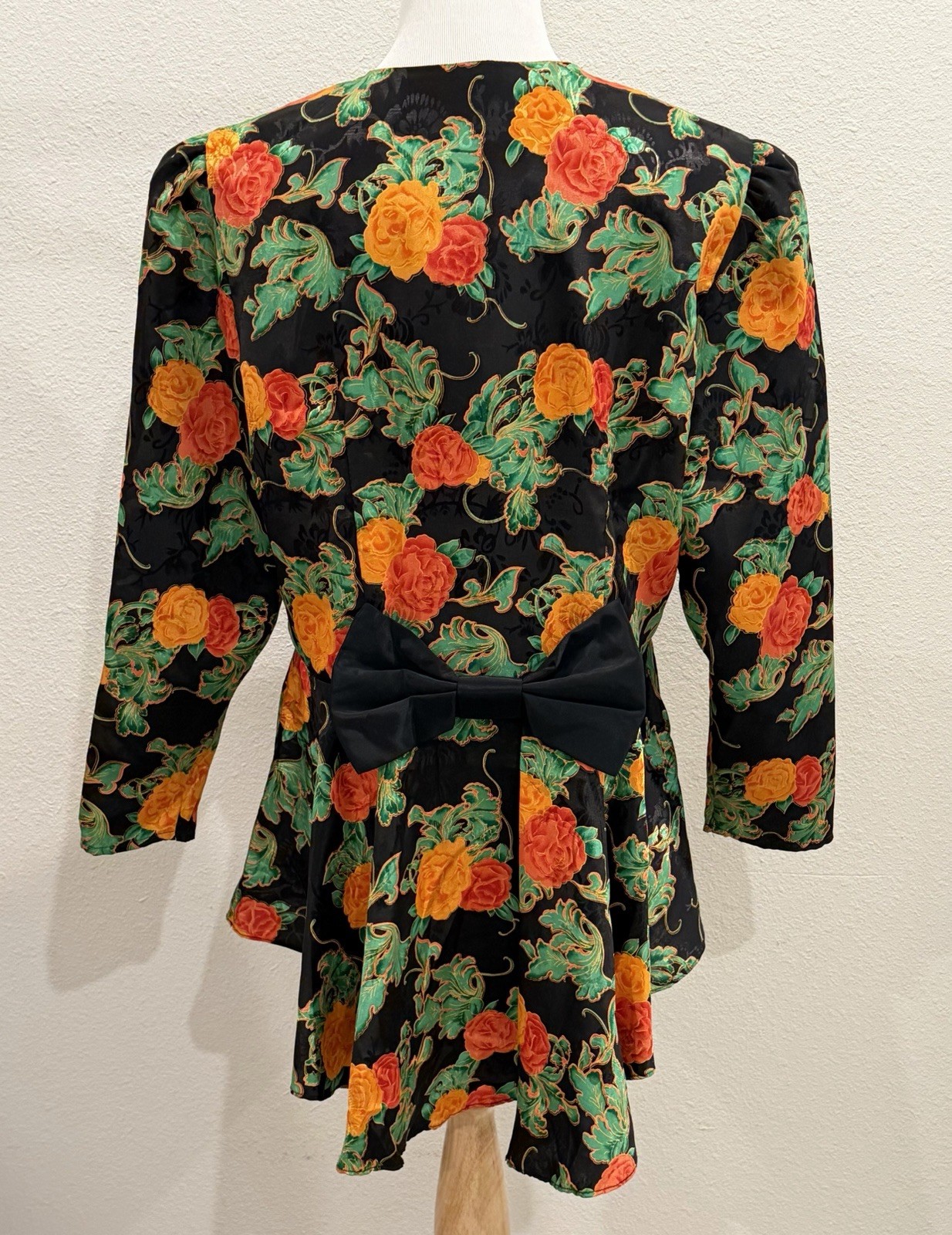 Vintage D.L. Originals Floral Peplum Blouse Black Rose Button Blazer Bow Large