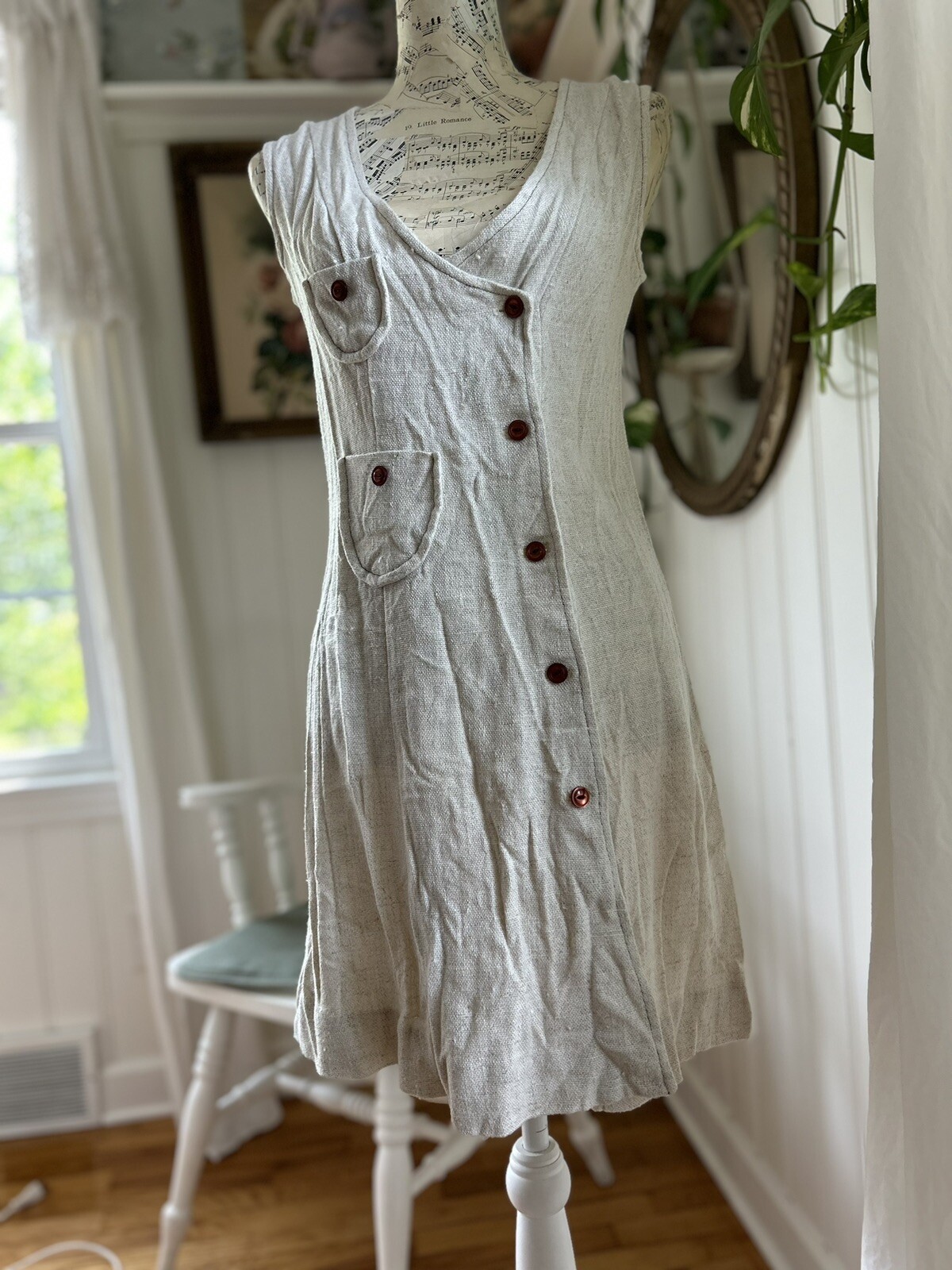 1960s 1970s 60s 70s Vintage Flax Pocket Trim Retro Mod Short Mini Dress XS