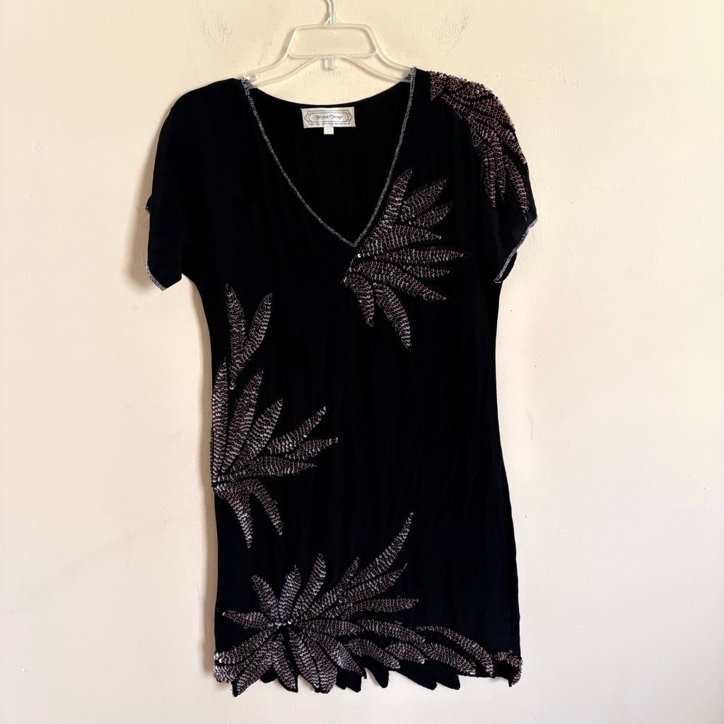 Beyond Vintage Silk Beaded Leaf Mini Dress Black XS Style 347