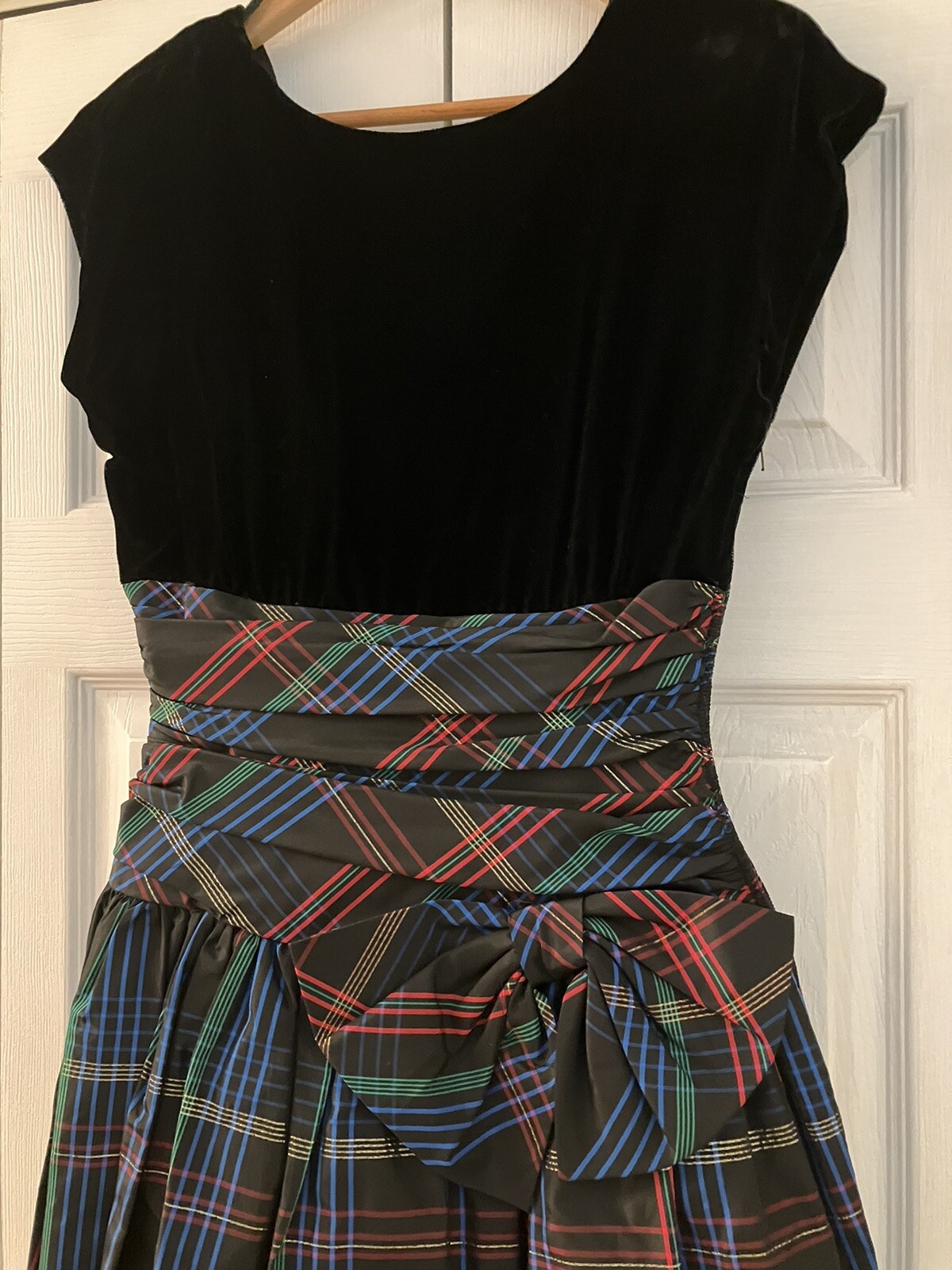 1980s Patty O`Neil Velvet & Plaid Taffeta Evening Dress, Ruching & Bow Size XS-S