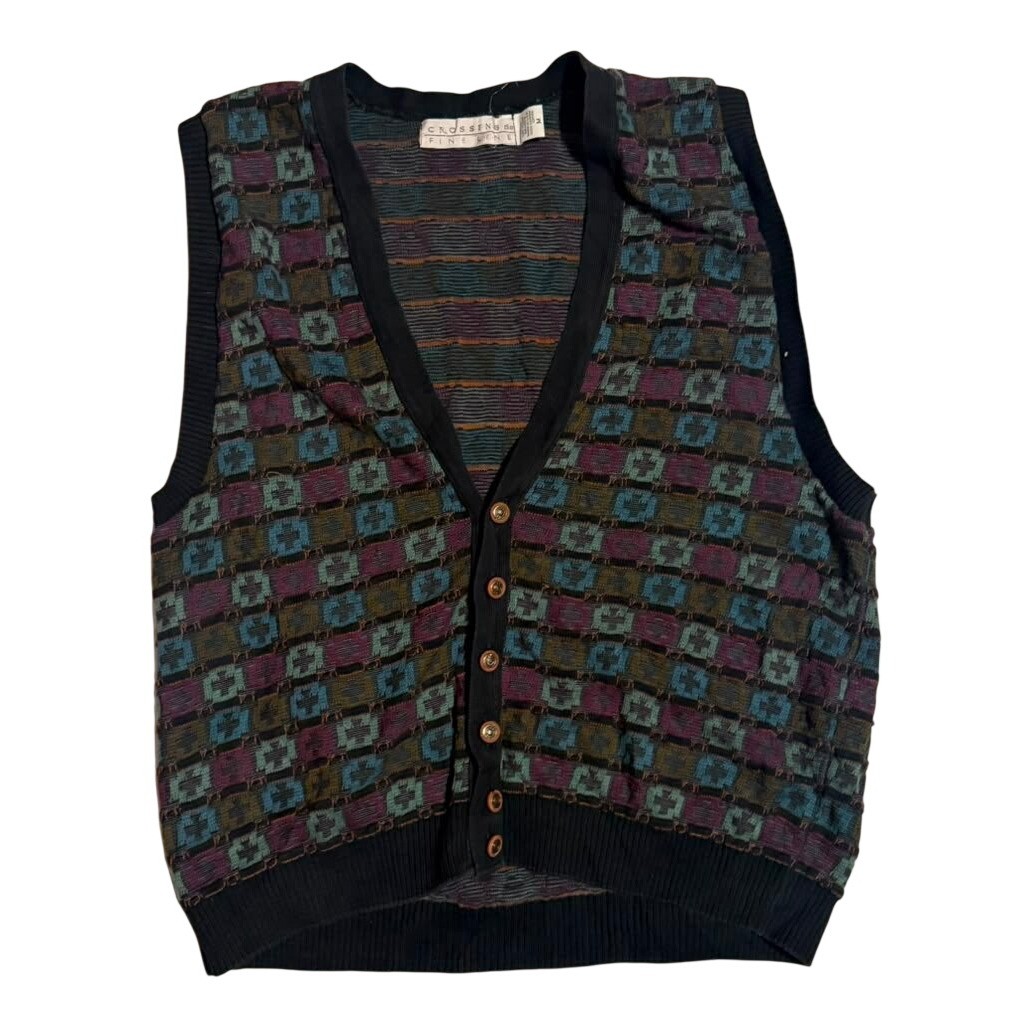 Vintage Crossings Fine Line Geometric Knit Cotton Sweater Vest Made in USA Med