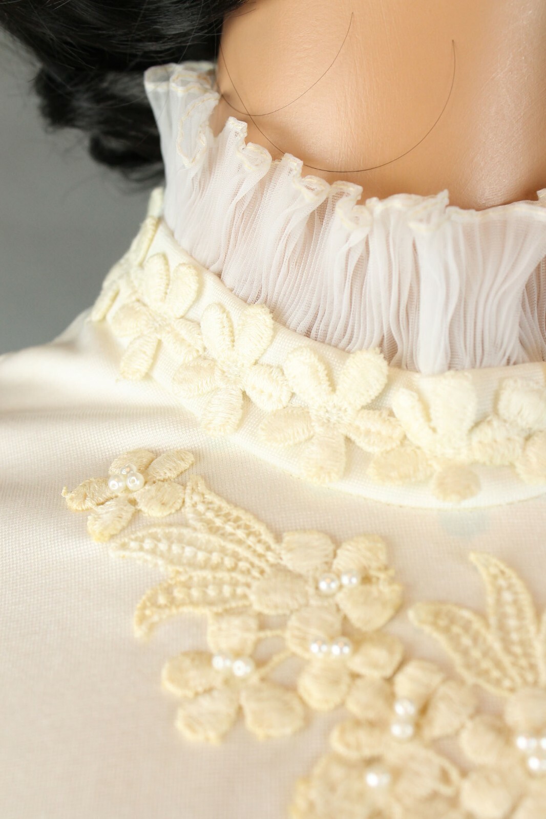 Hippie Wedding Gown Sz XS Vintage Pleated Chiffon Long Sleeve Lace Beads Dress