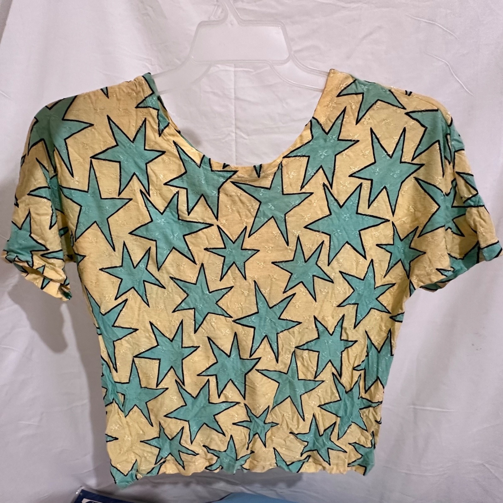 VTG 80s/90s Esprit Teal Starburst Pattern Scoop Neck Shirt Womens Size S