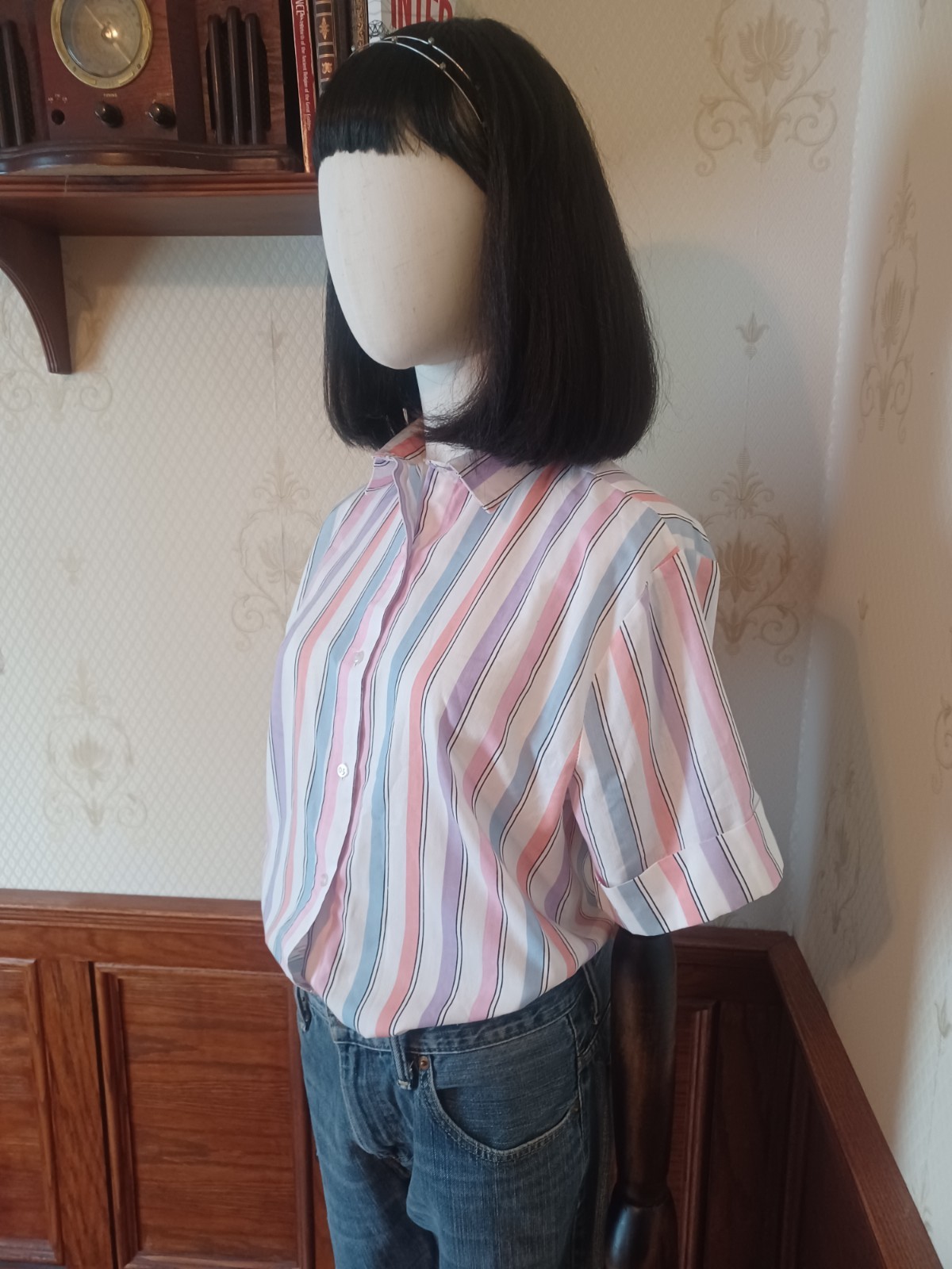 Vintage 1980s High Style Brand Pastel Striped Short Sleeve Button Up Shirt