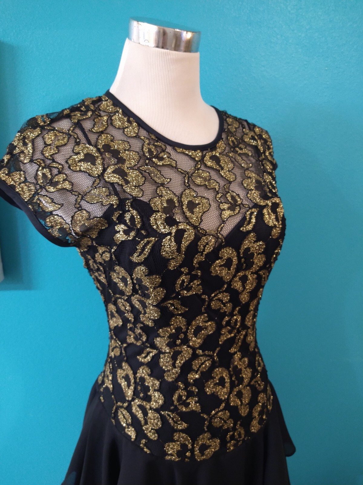 VINTAGE Tiered Party Dress Sheer Gold and Black Lace Floral Late Edition Ltd.