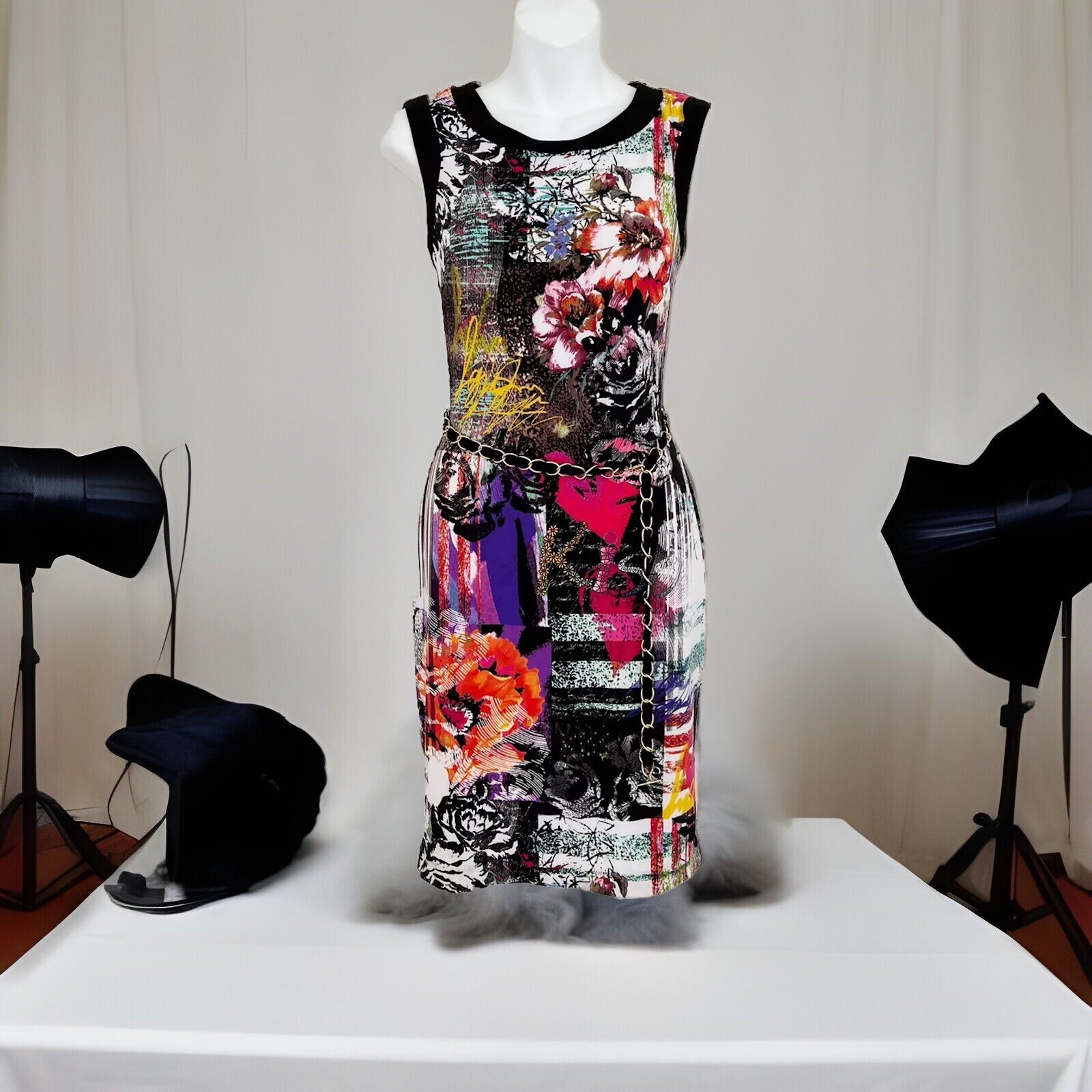 CACHE Dress 2 Colorful Floral Sleeveless Stretch Chain Belt Career Office Siren