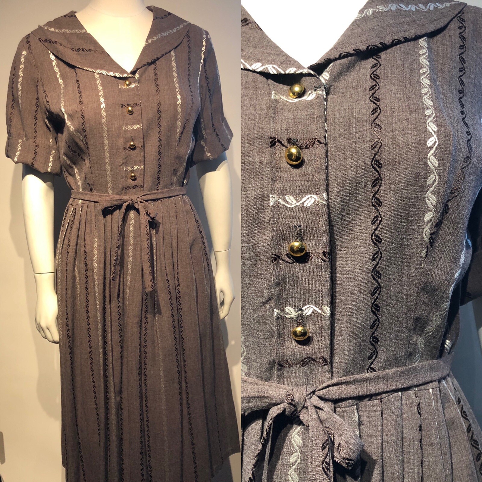 Vintage 60s Shirt Dress Taupe Embroidered Fabric B 40” W 32”