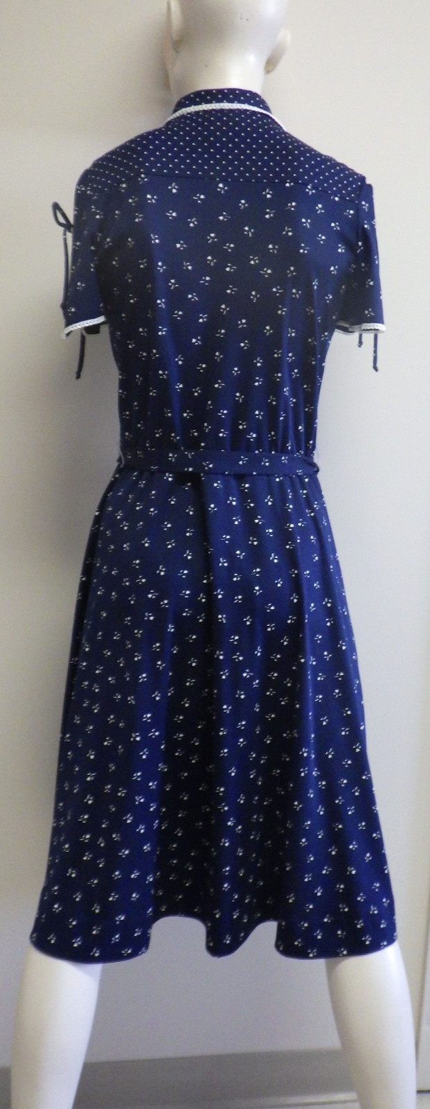 Vintage 70s 80s Boho Blue Shirtdress S Button Up Cap Sleeve Fit Flare Retro