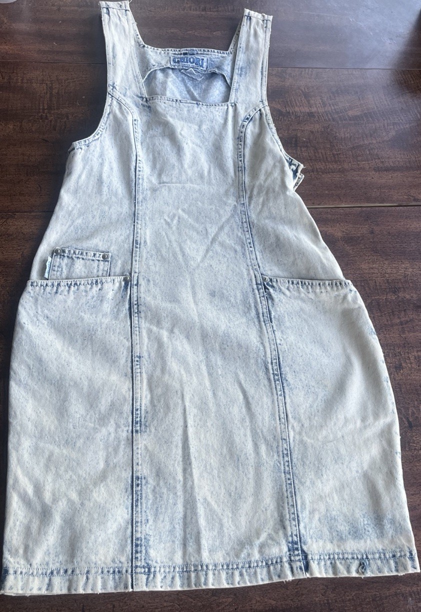 Vintage 90s Chiori Acid Wash Denim Jumper Dress Womens 7-8 Pinafore 100% Cotton