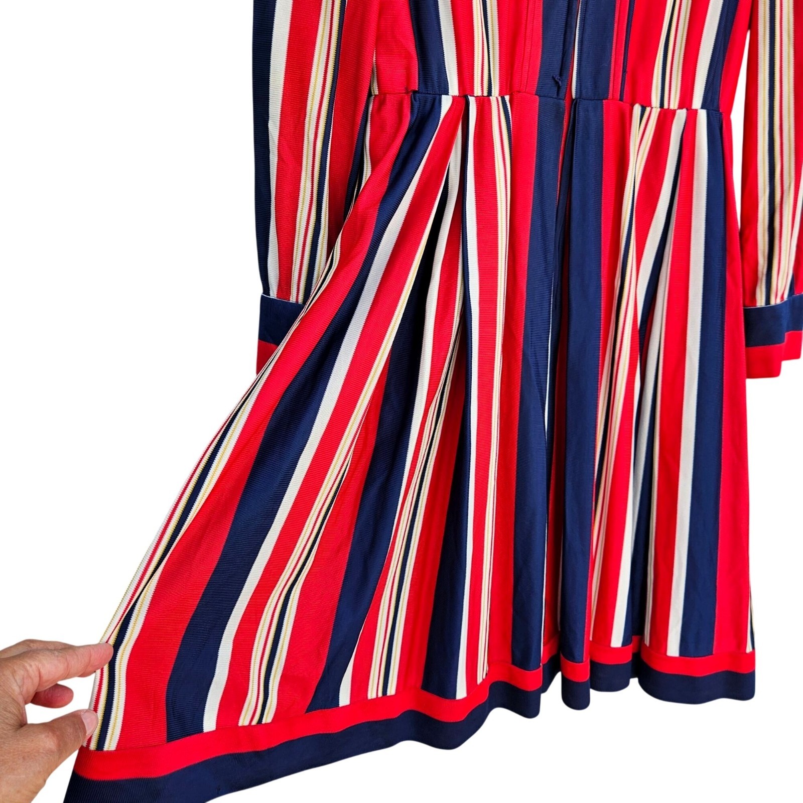 Vintage 70s California Stripe Nylon Knit Dress Red White Blue Zip Front Womens M