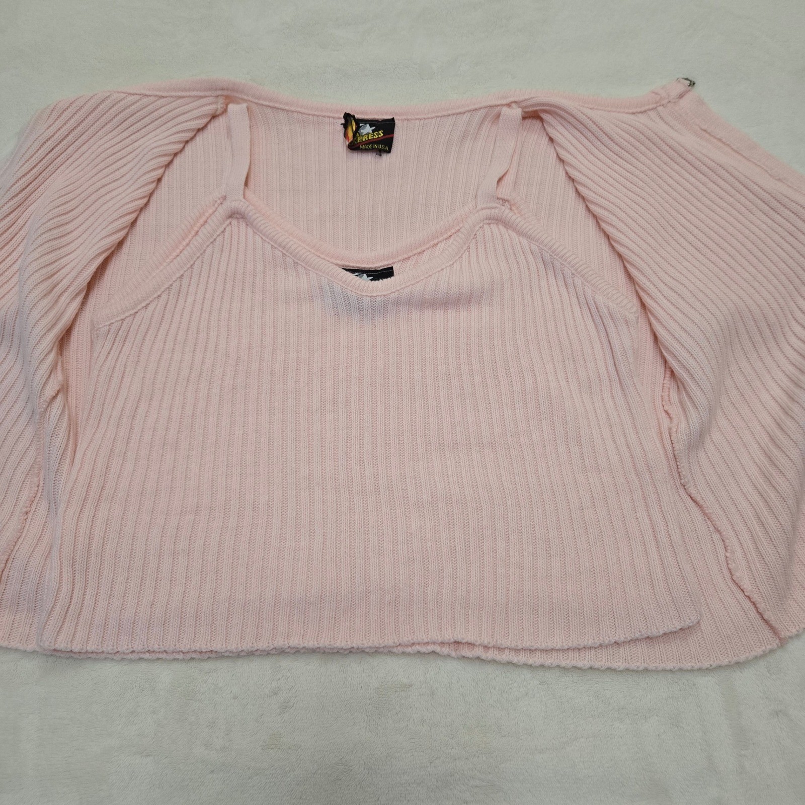 LA Express Vintage 90s Pink Ribbed Short Sleeve Knit Cardigan Tank Set Medium