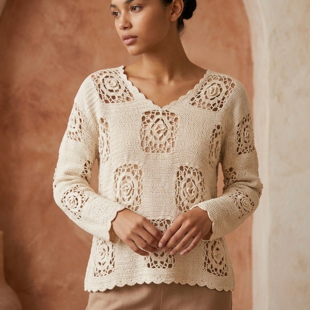 Y2K Glory B by Gloria Furman Size-L Top Cream 100% Silk Crochet Floral