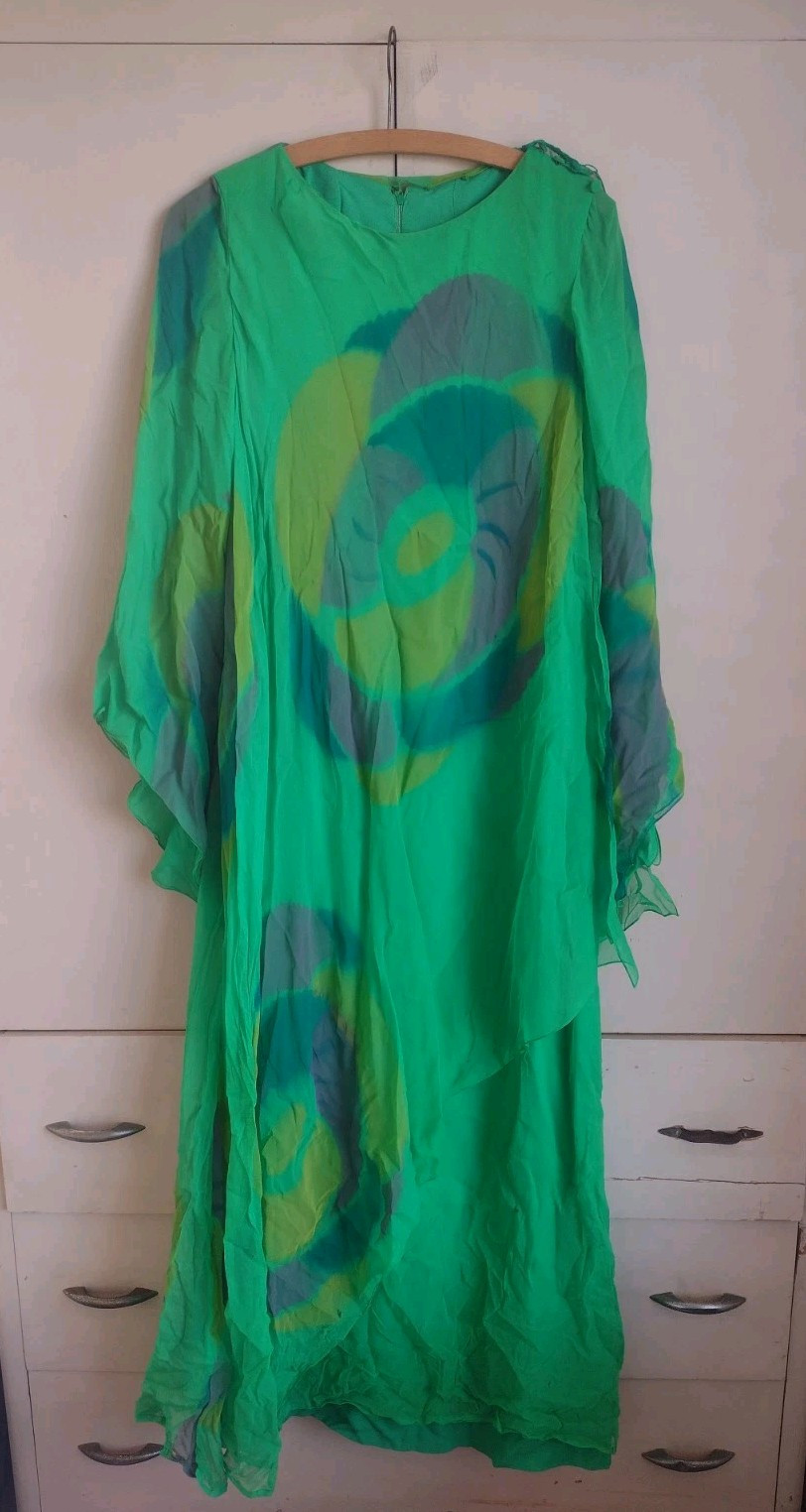 Vtg Travilla Silk Caftan Dress Maxi Gown Mod Abstract 70s Hollywood Glamour 12