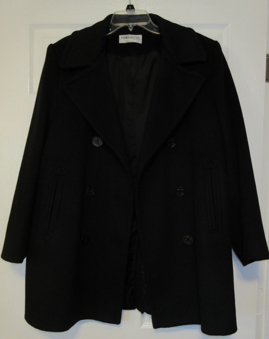 Vtg Black Wool Coat Knee Trench Sz 10 M * L* Forecaster of Boston Union USA