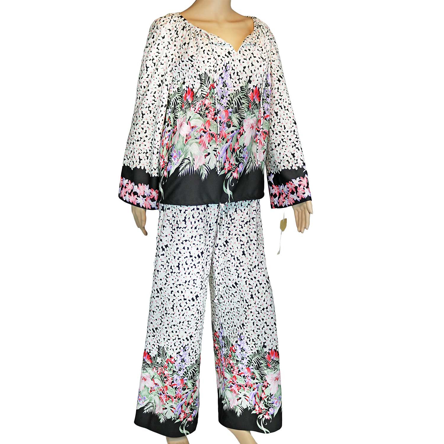 NWT Vintage Wide Leg Palazzo Pant Top Set Hawaiian Tropical Floral 1960s 70s 10