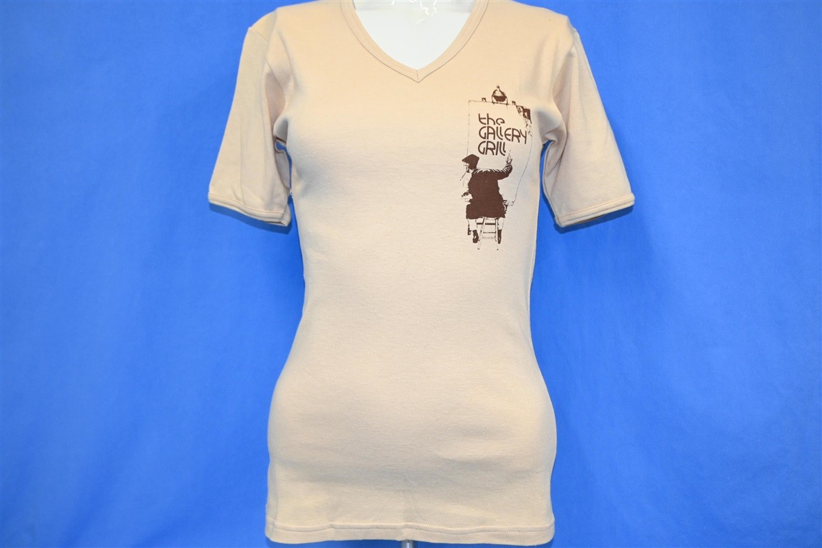 vtg 70s GALLERY GRILL RESTAURANT V-NECK 2 SIDED t-shirt WOMEN’S EXTRA SMALL XS