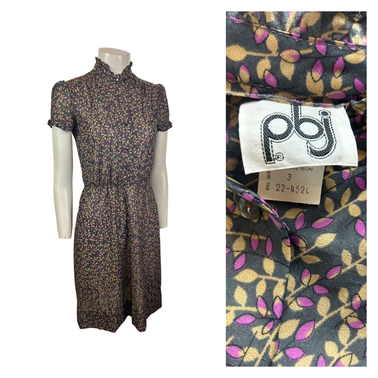 Vintage 1980s Ruffled High Neck Foral Dress Short Sleeves / Women’s XS ^