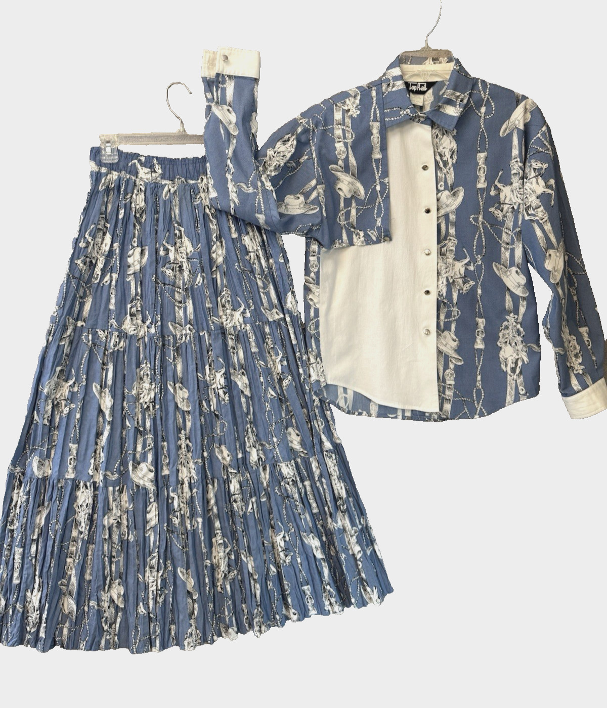 VTG Top Rail 2 Pc Blouse & Skirt Rodeo Equestrian Cowgirl Western EUC Cotton S/M