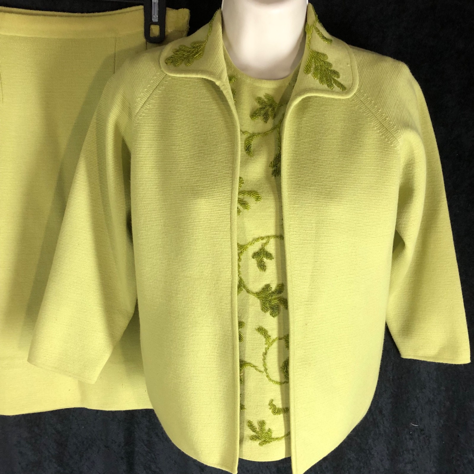 Vintage 1960s Liebes Wool Knit Sweater Skirt 3 pc Set sz 8 Beaded Hong Kong