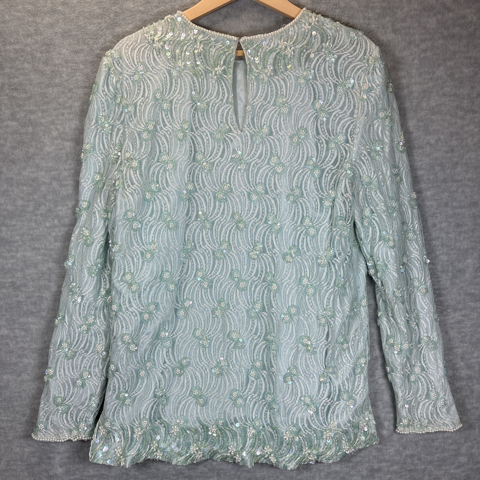 Vintage Top L Green Sequin Beaded Fairycore Artsy Lace Sheer Lined Party Blouse