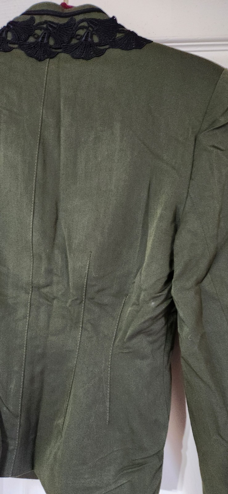 Edwardian Olive Green Jacket Black Embroidered Trim Flower Petals Size Small 90s