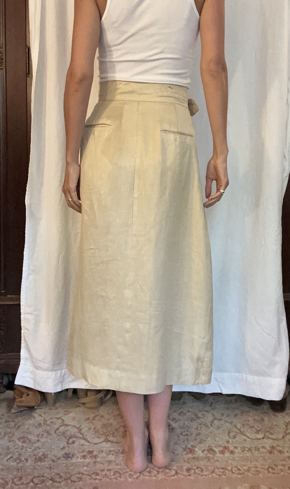 Vintage 1983 Perry Ellis Henri Bendel 100% Linen Wrap Midi Skirt Beige