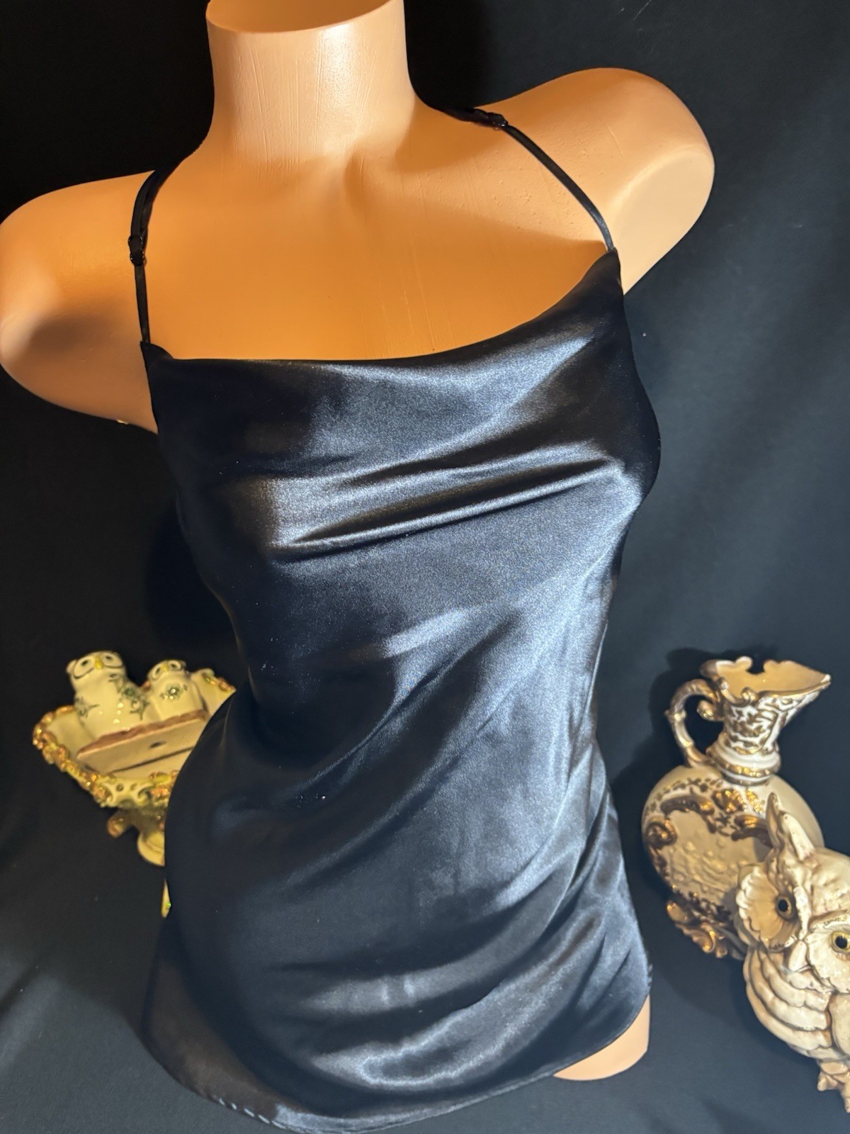Vtg Satin Soft Jet Black Oily Gown Babydoll Cowl Neck Nightgown Gown Frilly CD