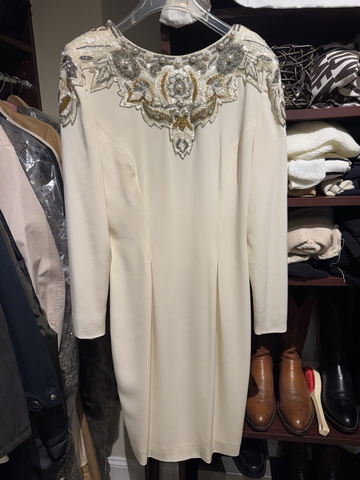 Vintage Black Tie Beaded Cream Evening Dress Size 4 1980s Glam