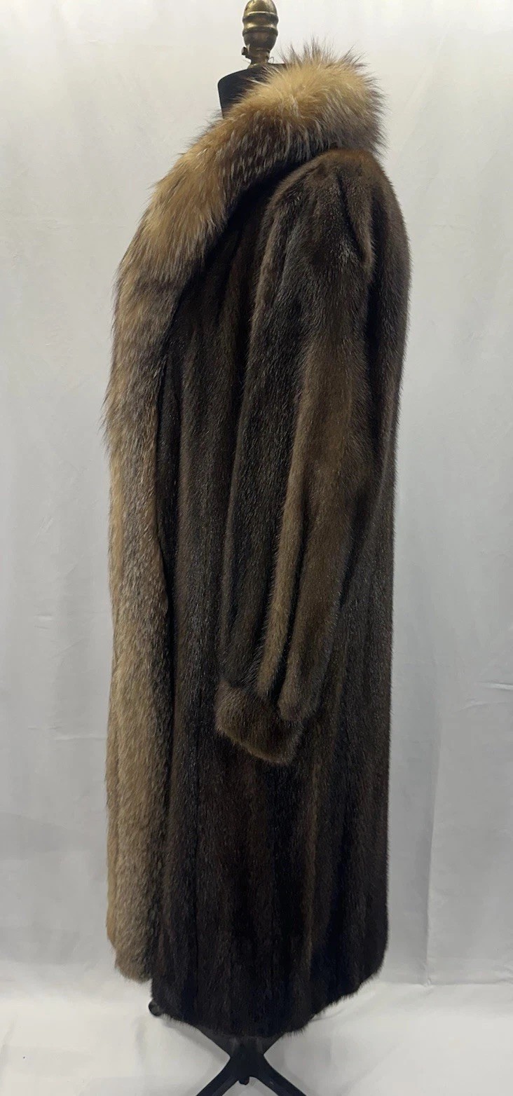 SAGA MINK Women’s Vintage Mahogany Mink Full Length Coat w/ Crystal Fox Tux