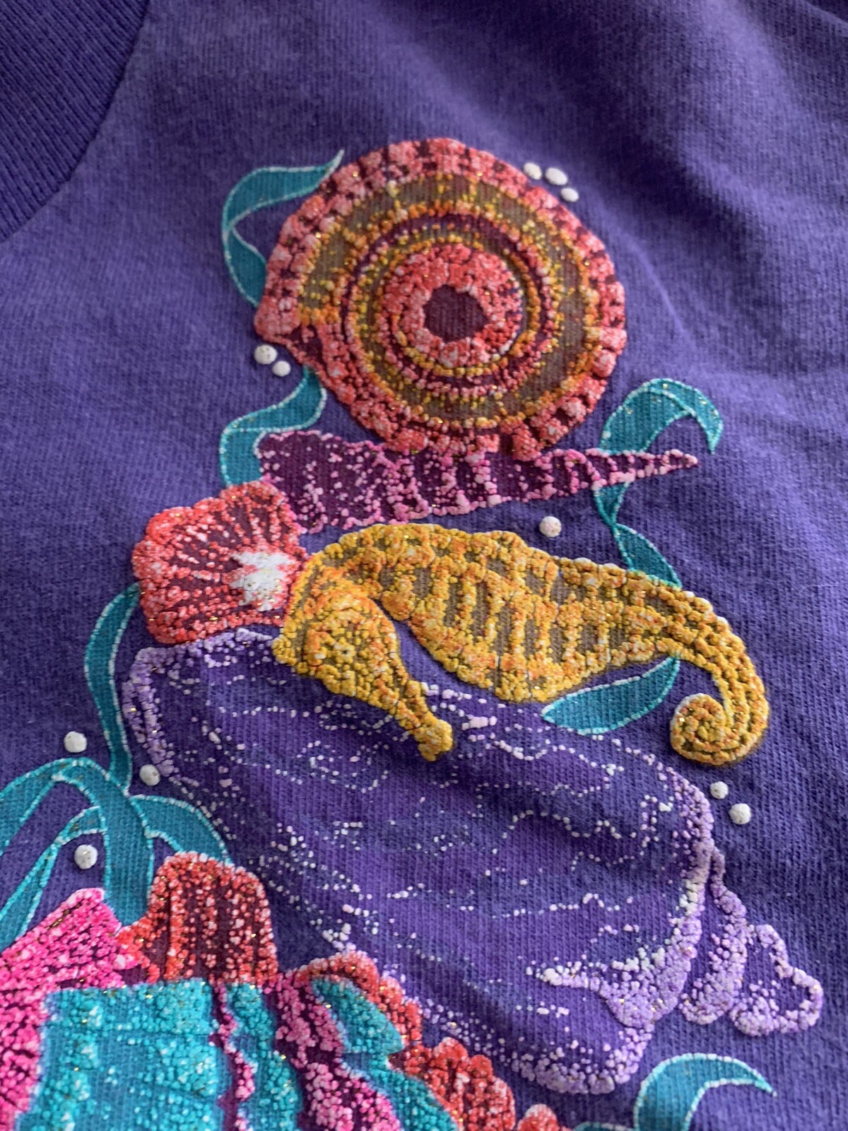 Vtg 90s Panama Jack Granny TShirt L ? Purple Shells Glittery Distressed Sea