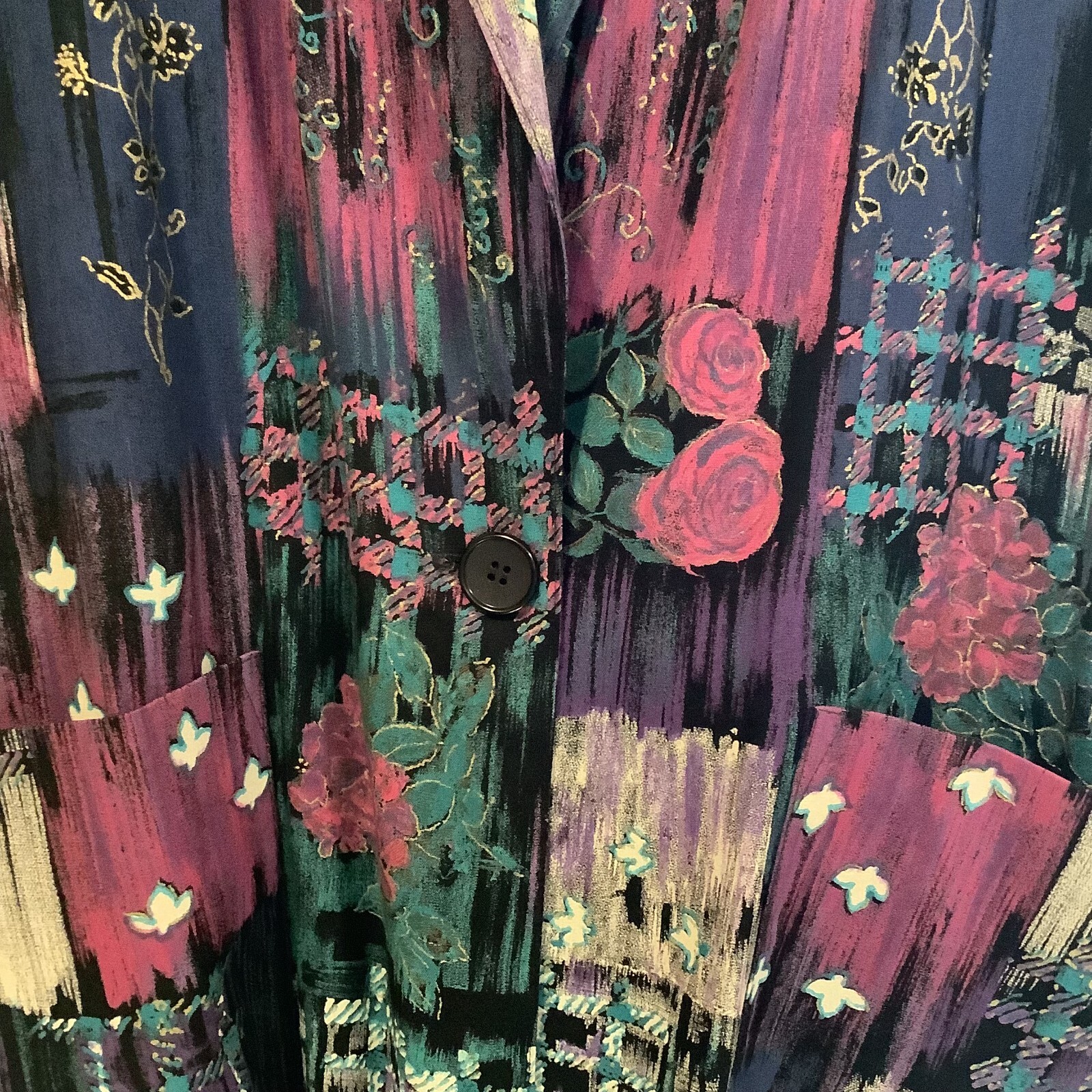Kensington Square teal purple floral women blazer jacket size M new wave 80s