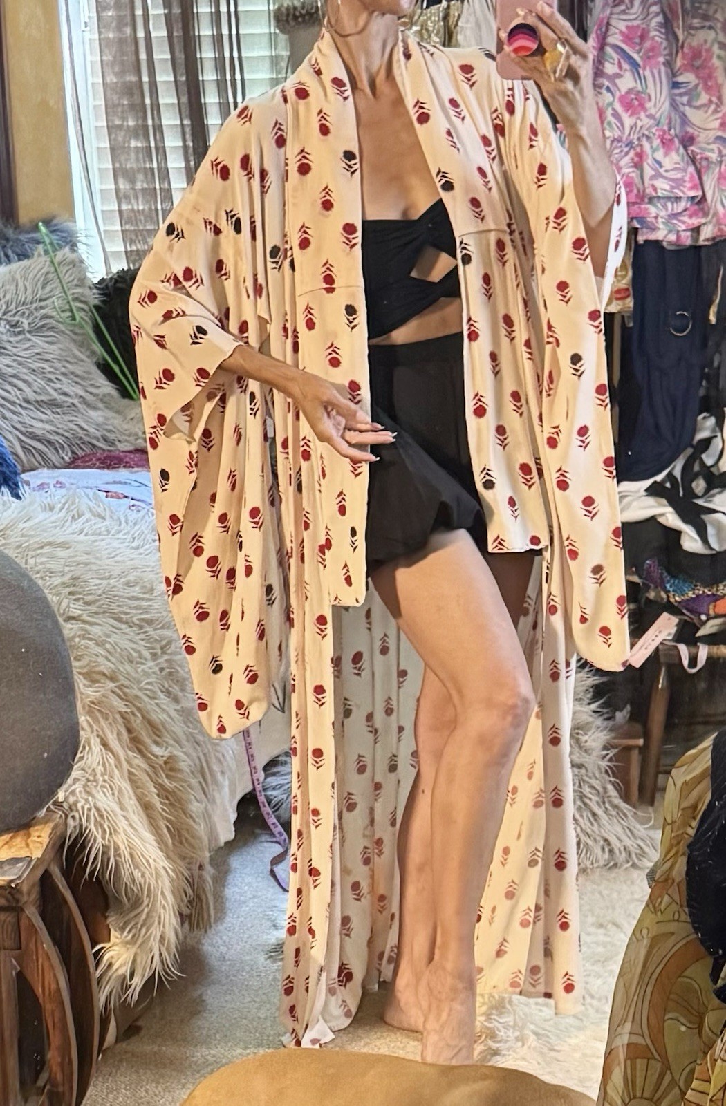 Vtg Kimono Silk Crepe Extreme Long Sleeves Duster Jacket Robe Off White Red
