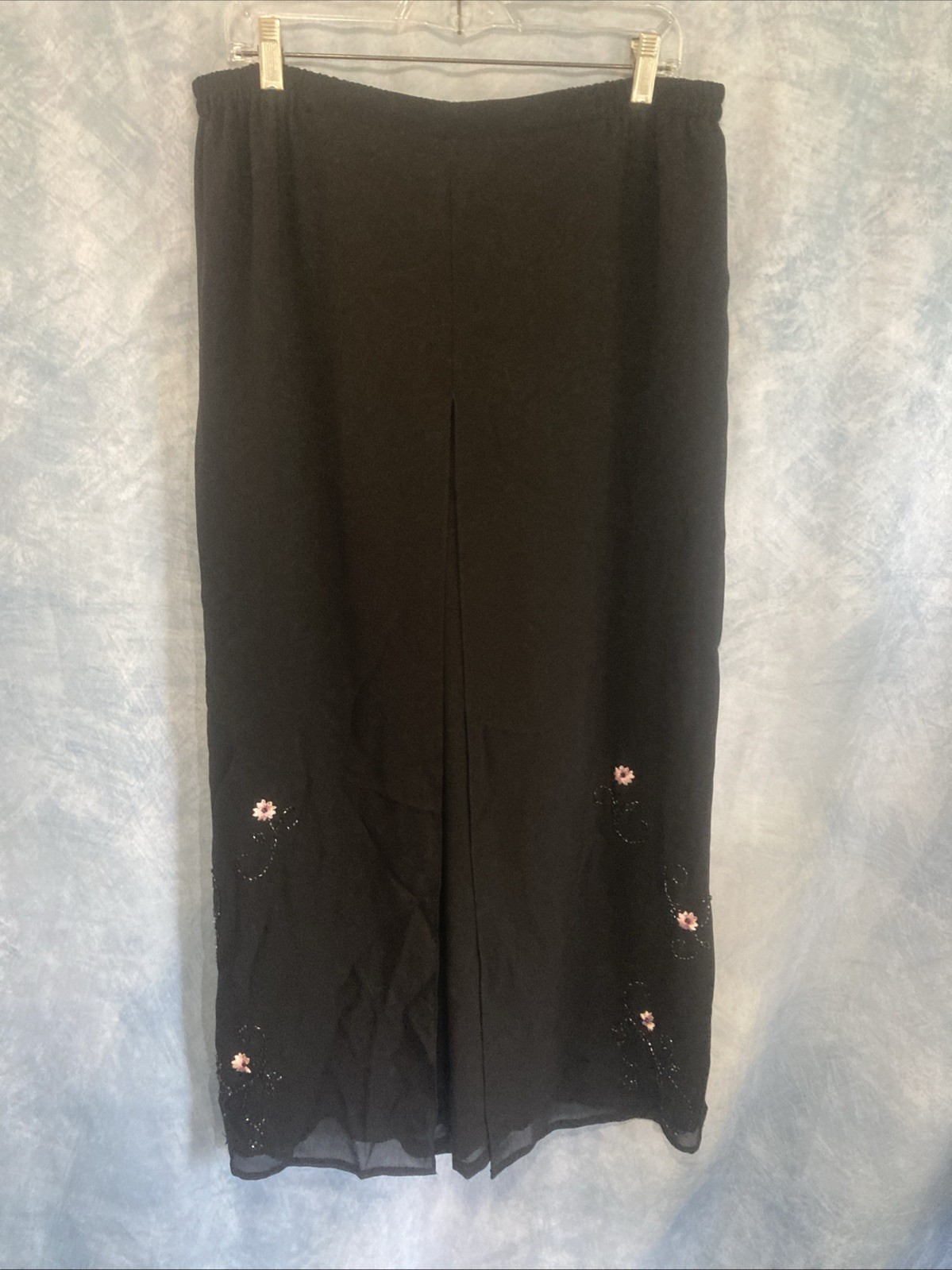 Vtg 90s Y2K Adrianna Papell Black Sheer Wide Leg Palazzo Pants Beaded Floral 1X