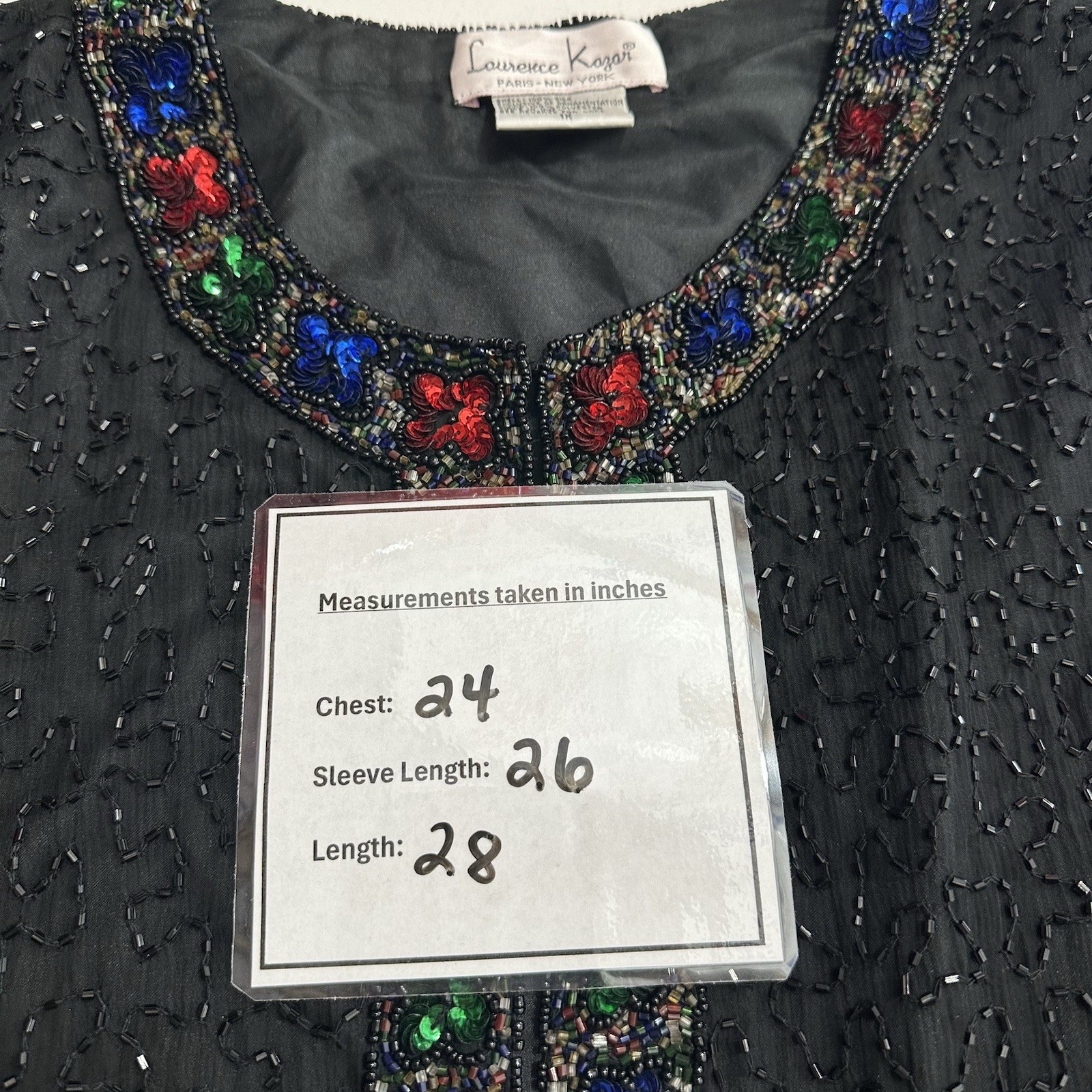 Laurence Kazar Vintage Beaded Silk Jacket Black Multi Color Sequin Womens 1X