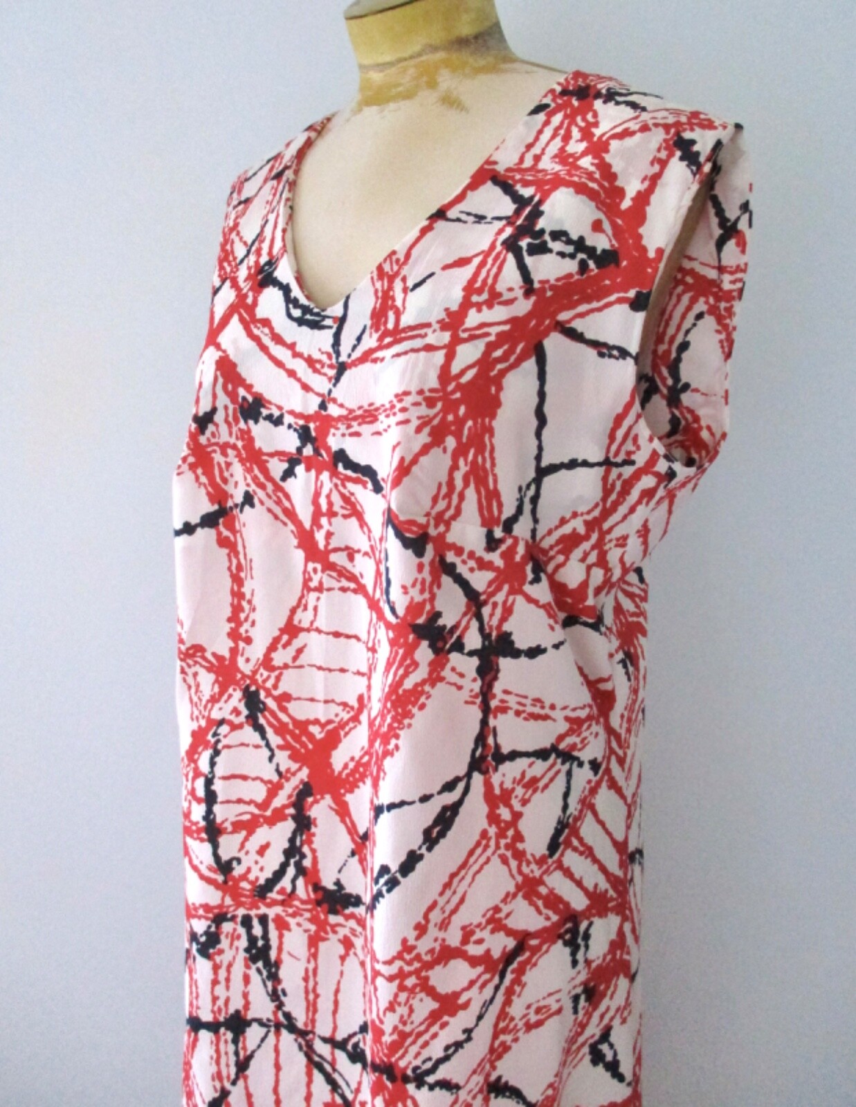 Vtg 60s Mod Red Black Abstract Paint Splatter Sleeveless Sheath Day Dress XL