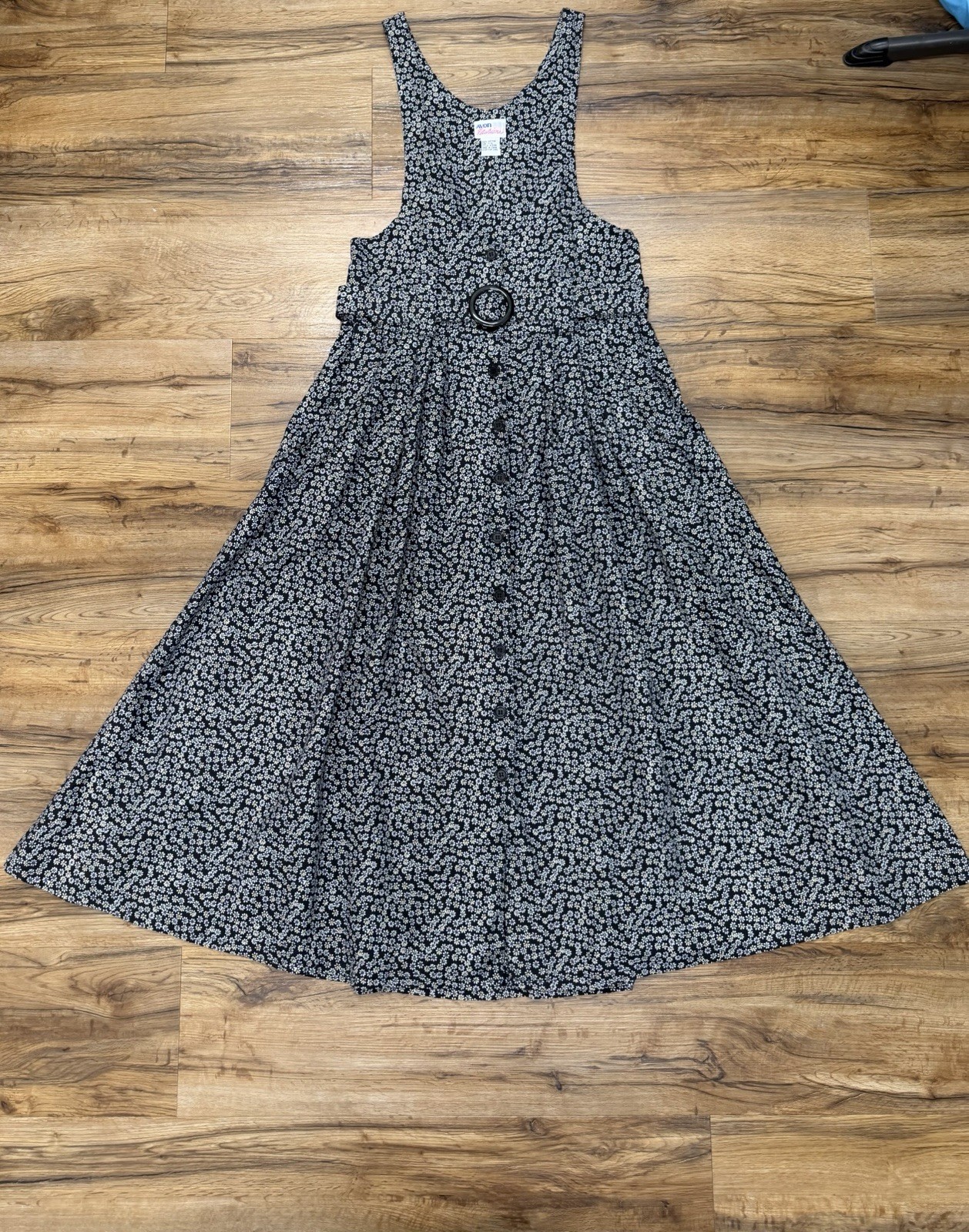 Vintage 90s Avon Fashions Floral Cotton Button Front Dress Woman 11/12 W/belt