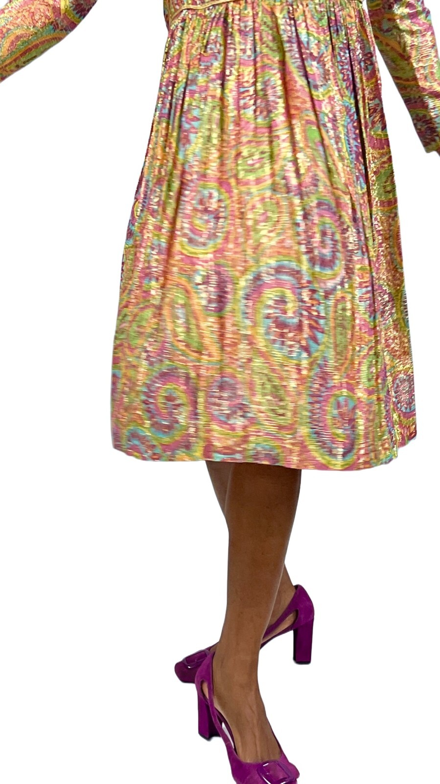 VTG 60s Mary Sachs Metallic Paisley Mod Gogo Dress XS S Rhinestone Detail