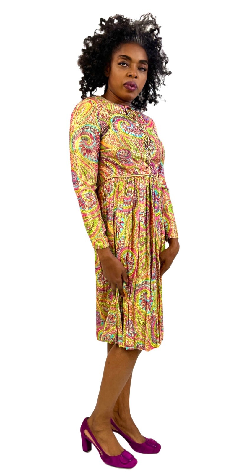 VTG 60s Mary Sachs Metallic Paisley Mod Gogo Dress XS S Rhinestone Detail