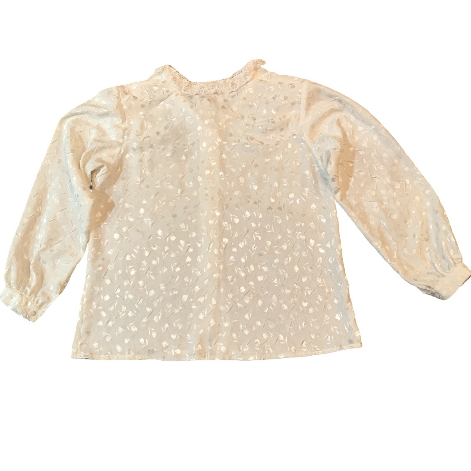Vtg Ivory Long Sleeve M Blouse Crochet Collar Victorian Feminine Tulip Print EUC