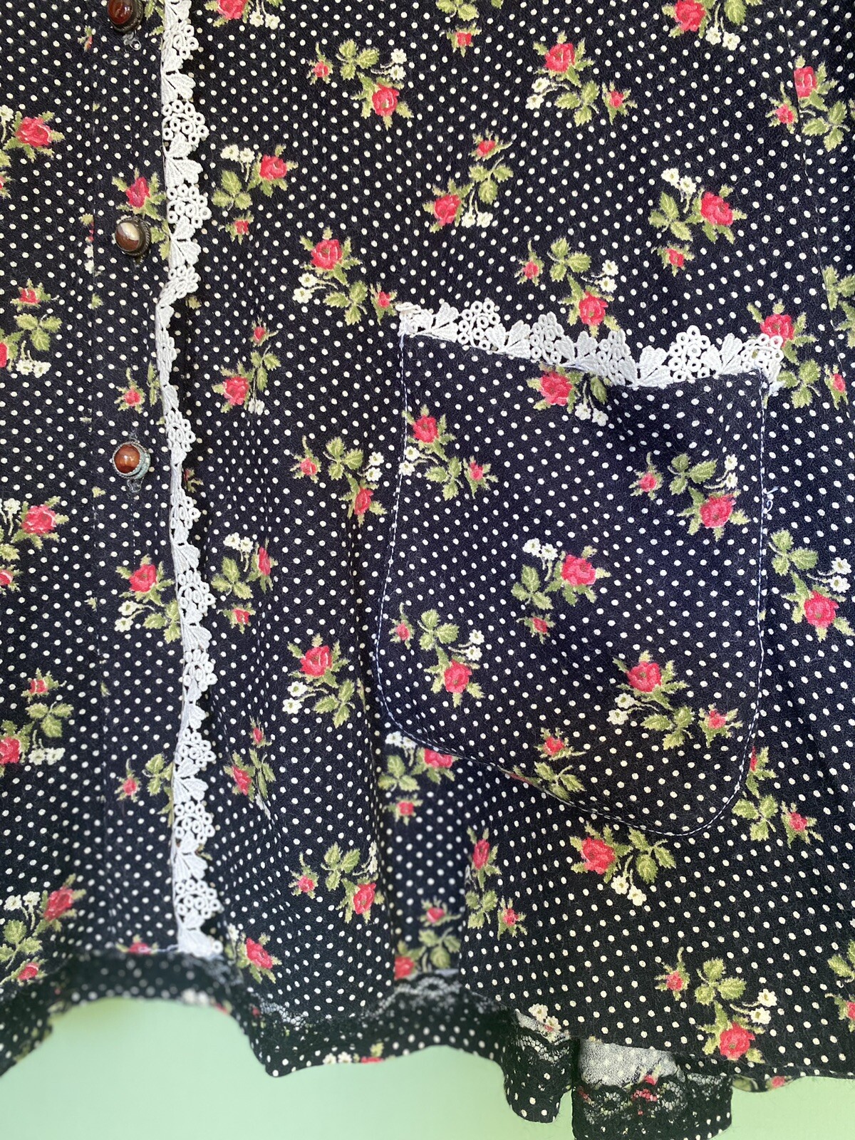 Vtg 70’s Liberty of London Black Polka Dot Rose Blouse W/ Agate Buttons