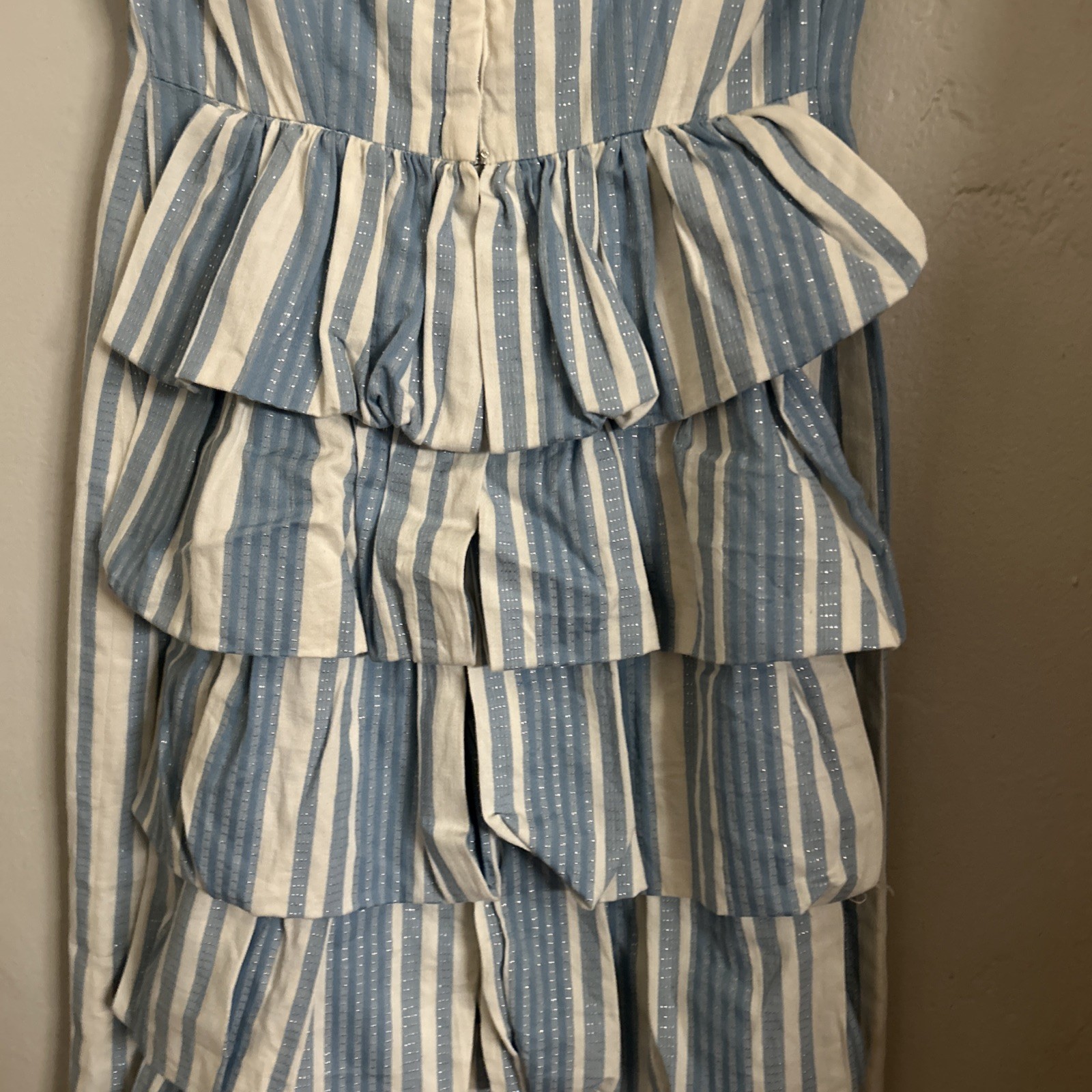 Vtg 50s HOUSE OF NINE California Original Blue and Cream Stripes Ruffled Back Sm