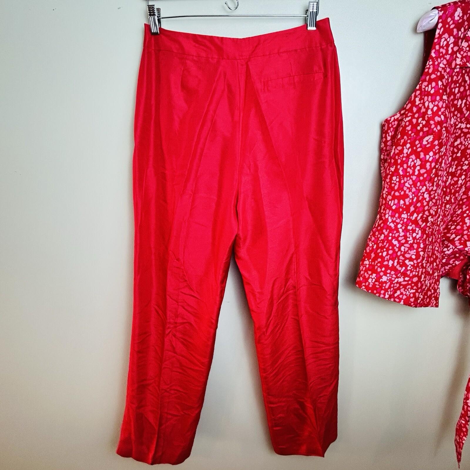 VTG 80s ICE 100% Silk Wrap Vest Blouse & Pants Set, Size 10 Pink Red Dots *read*