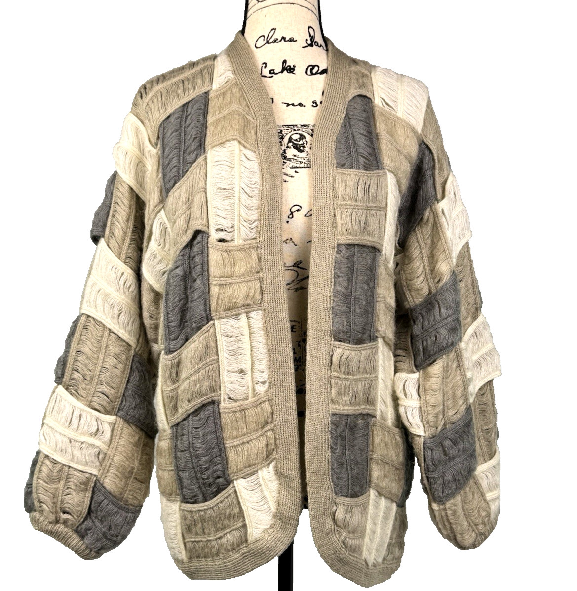 Textured Cardigan Sweater Mohair Patchwork Neutrals Vtg 80s Women Sz M Quiet Lux